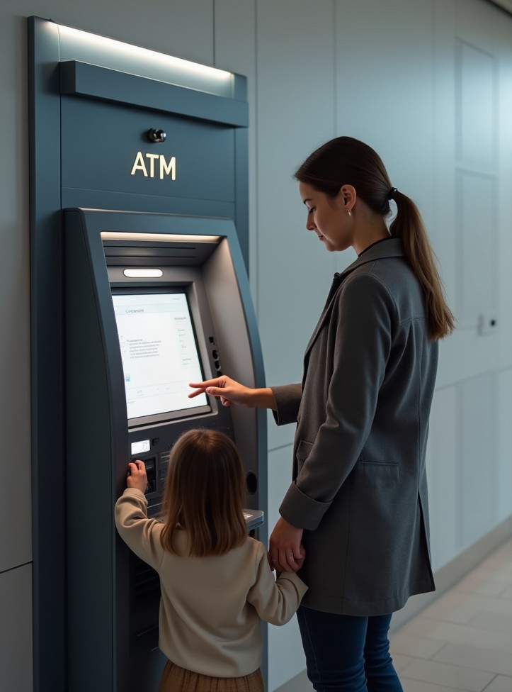 Mother and daughter using a safe, well-lit ATM that meets compliance standards